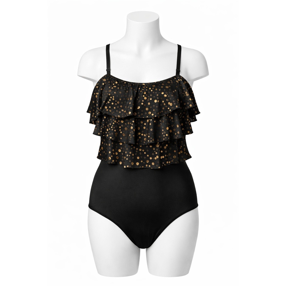 Fit 4 U Ruffled One Piece Swimsuit Womens 14 Black Gold Polka Dot Glamour